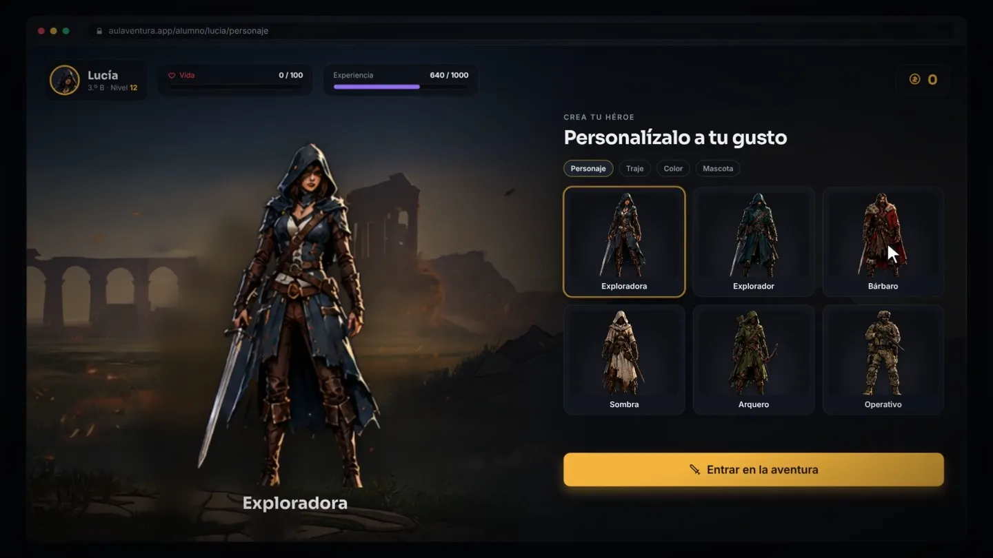 Pantalla de personalización del héroe del alumno